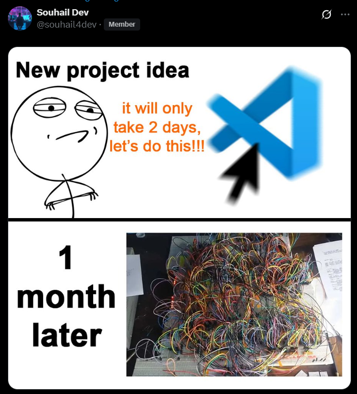 Meme: 'New project idea, it will only take 2 days, let's do this!' followed by '1 month later' over a photo of hopelessly tangled wires.