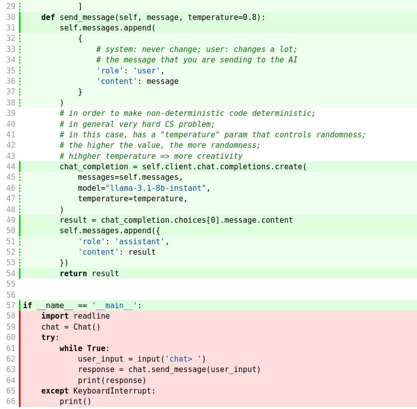 Coverage HTML report for chat.py: the Chat class body is highlighted green because doctests run it, while the interactive REPL block at the bottom is highlighted red because no test runs it.