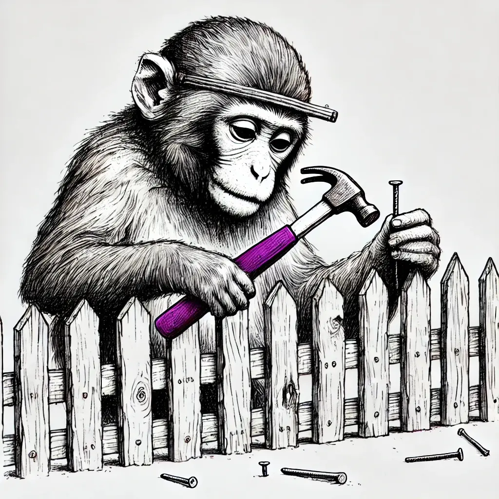 A cartoon monkey wearing a headband hammers a nail into a wooden fence: a visual pun on 'monkey patching'.