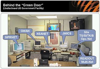 A workstation with several separate computers side by side, one per classified network, physically disconnected from one another.
