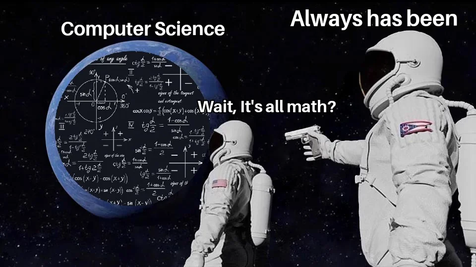 The two-astronaut 'always has been' meme. One astronaut, looking down at a pattern, realizes 'wait, it is all anchors?'; the second, gun raised, replies 'always has been.' One is the start-anchor, the other the end-anchor.
