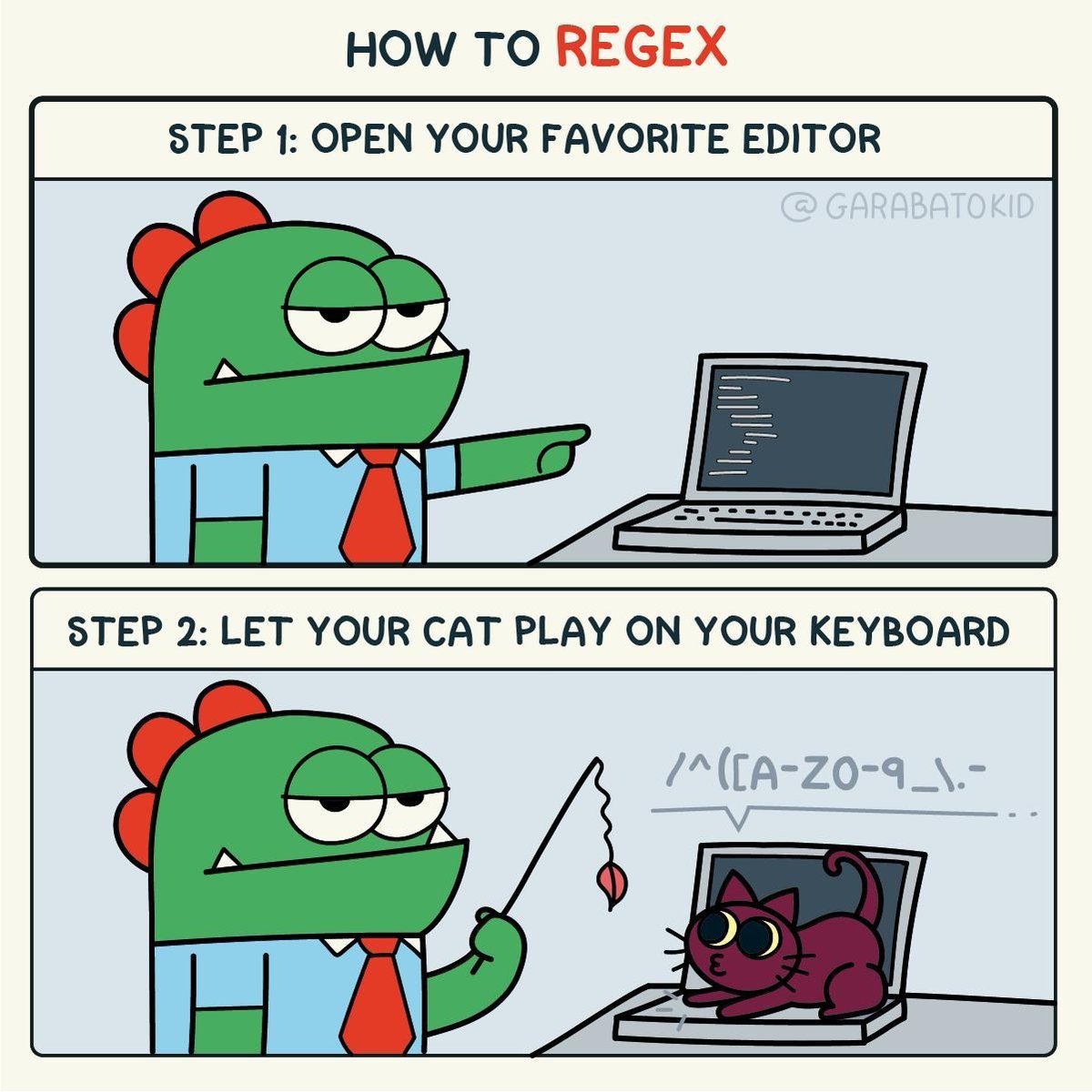 Meme titled 'How to write a regular expression': a photo of a cat walking across a keyboard. The resulting keysmash is, statistically, already a valid pattern.