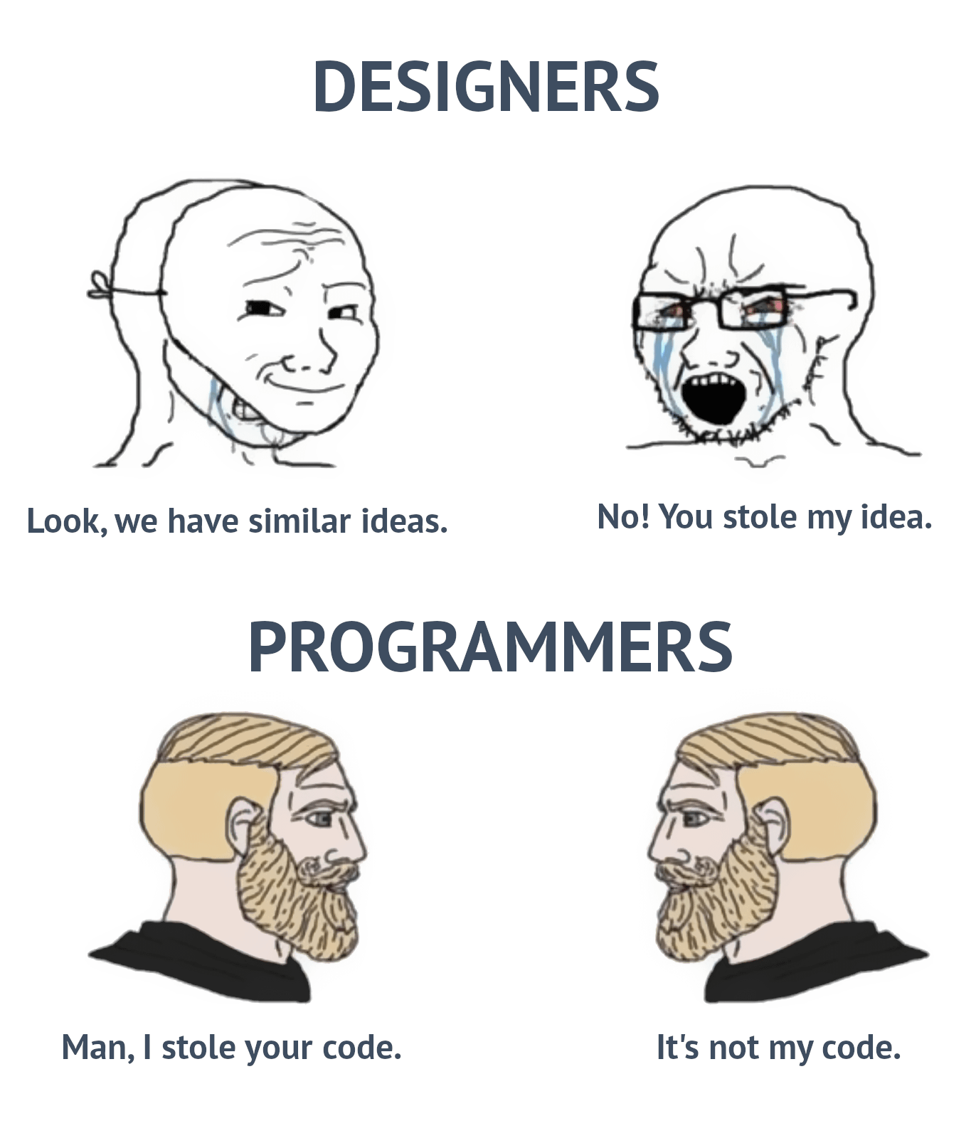 Two-panel meme contrasting designers accusing each other of stealing ideas with programmers happily admitting they reuse each other's code.