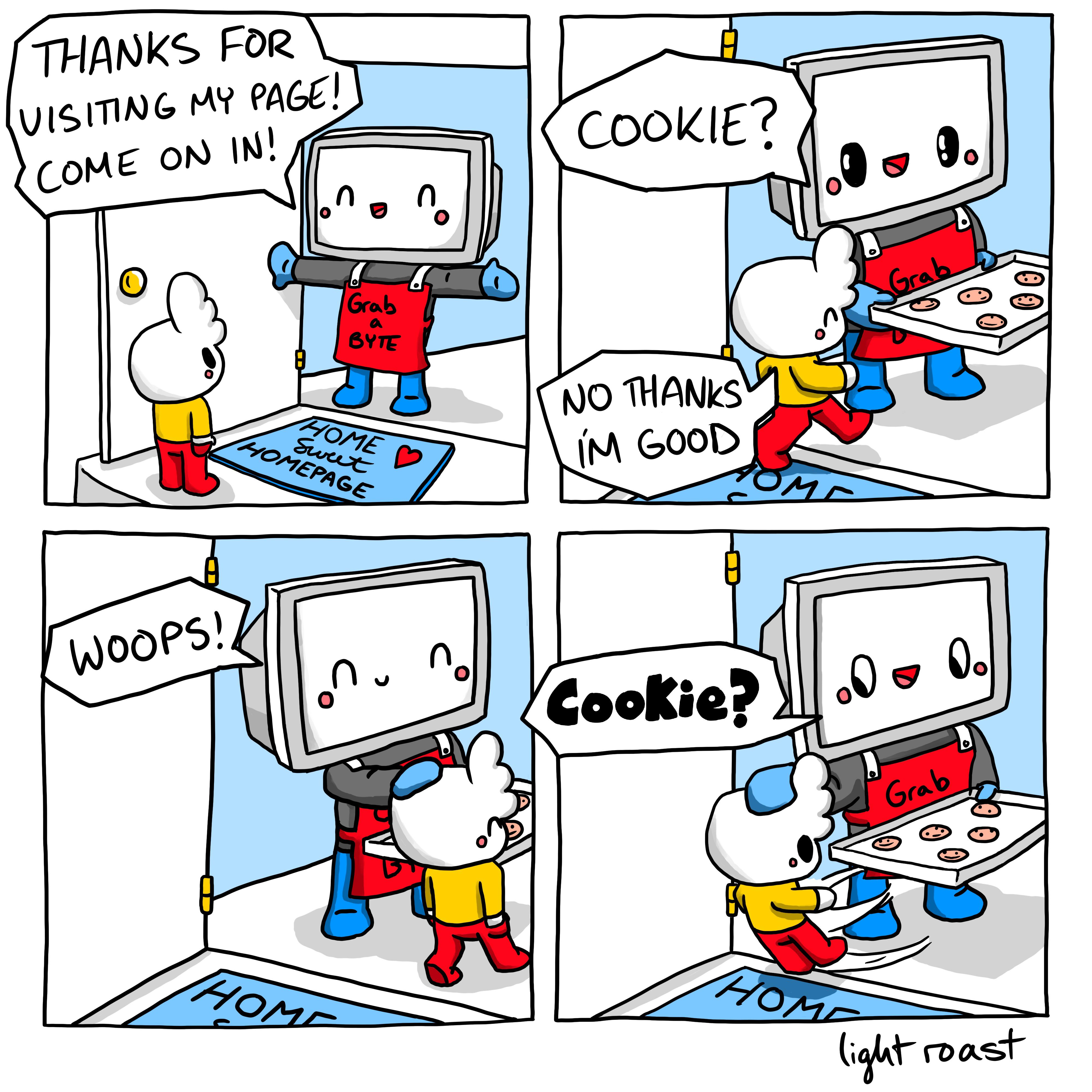 A friendly monitor-headed character labeled 'HOME sweet HOMEPAGE' greets a visitor and offers them a 'Cookie?', the way a web server hands the browser a cookie.
