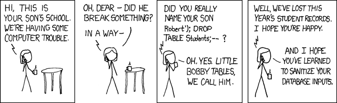 xkcd 327 'Exploits of a Mom' comic: a school phones about a student named Robert'); DROP TABLE Students;-- and the mother replies 'oh, yes. Little Bobby Tables, we call him,' prompting 'I hope you've learned to sanitize your database inputs.'